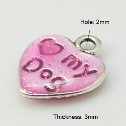 Herz mit Emaille, Platin Farbe, rosa, 15x12x3 mm, Bohrung: 2 mm