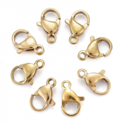 304 Edelstahl Karabinerhaken, Ionenbeschichtet, goldfarben. Größe: ca. 10 mm lang, 6 mm breit,3 mm dick, Bohrung: 1.5 mm